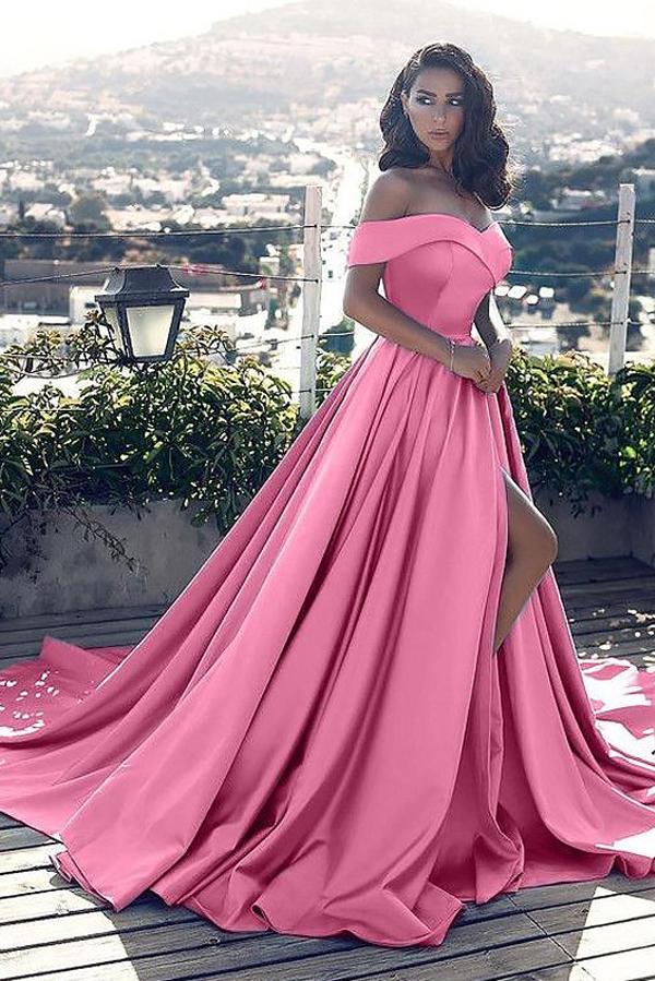 Pink Satin A-Line Off Shoulder Sleeveless Court Train Ruffles Prom Dresses, MP338