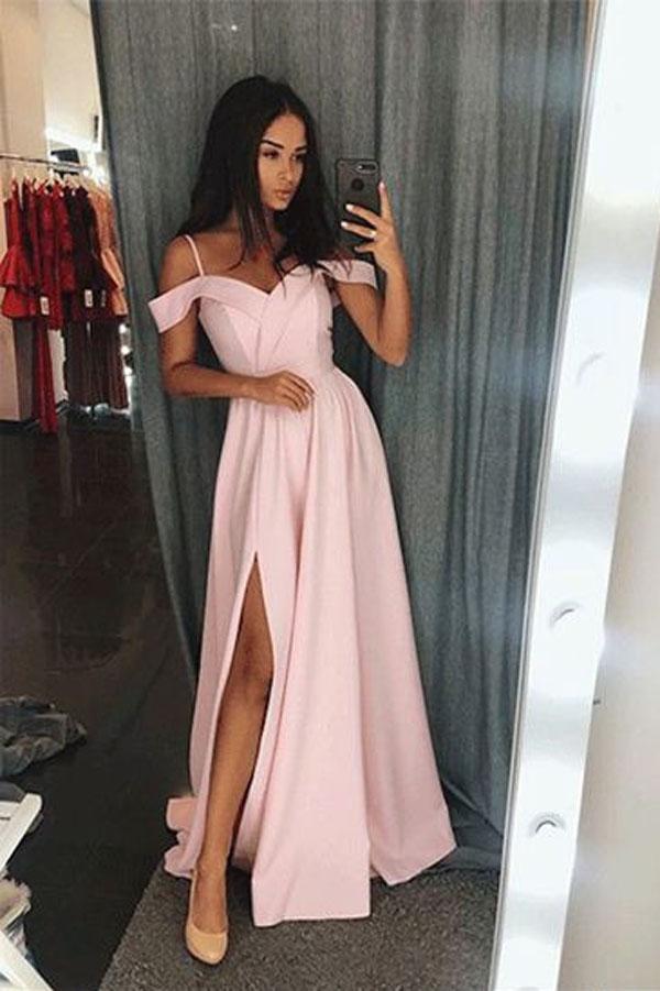 Pink A line Simple Floor Length Cold Shoulders Long Prom Dress with Side Slit, MP140