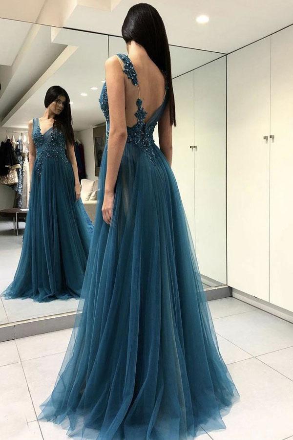 Blue Backless Lace See Through Thigh Slit Long Prom Dress with Beading, MP134