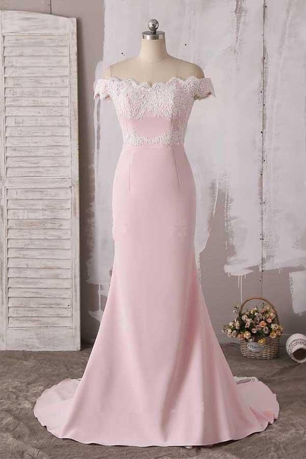 Fabulous Pink Lace Off Shoulder Neckline Long Prom Dress Evening Dress, MP214