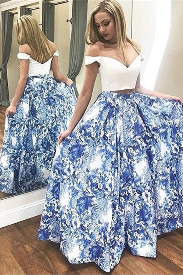 Two Piece Blue Floral Satin Off-the-Shoulder Long Prom Dress, Evening Dress, MP133