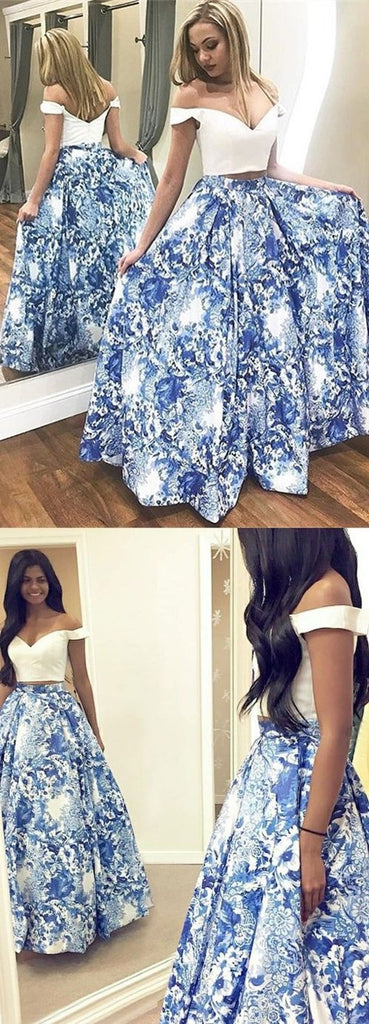 Two Piece Blue Floral Satin Off-the-Shoulder Long Prom Dress, Evening Dress, MP133 at musebridals.com