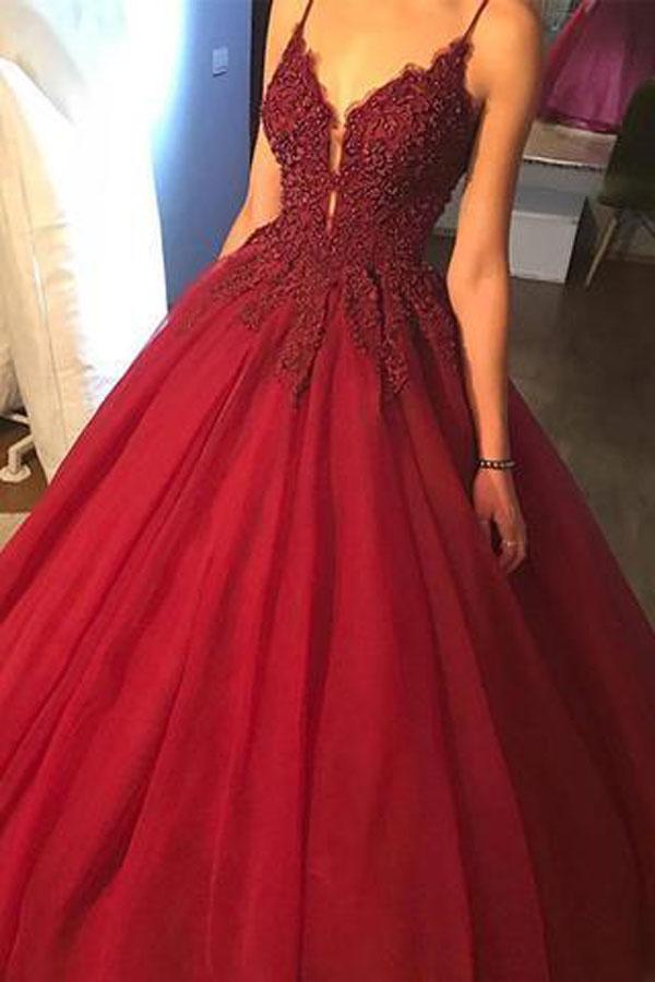 Red Tulle Spaghetti Straps A Line V-neck Floor Length Long Prom Dresses, MP201