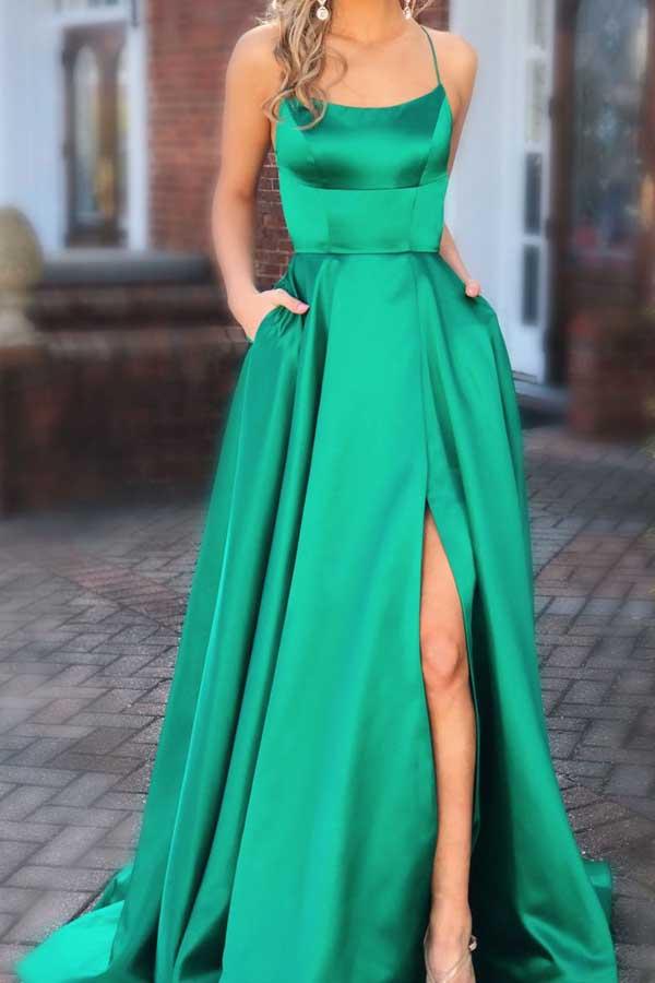 Green Spaghetti Straps Long Prom Dresses with Pocket Formal Dress, MP243