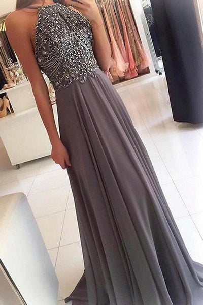 Grey Chiffon Halter Beaded Long Prom Dresses Formal Dress for