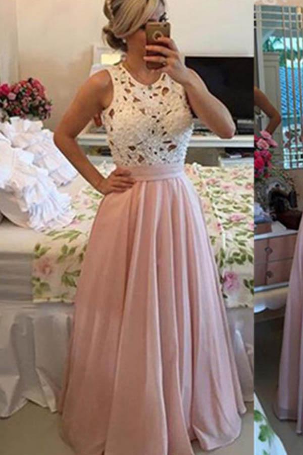 Pink A-line Floor-length Chiffon High Neck Long Prom Dresses Party Dress MP260