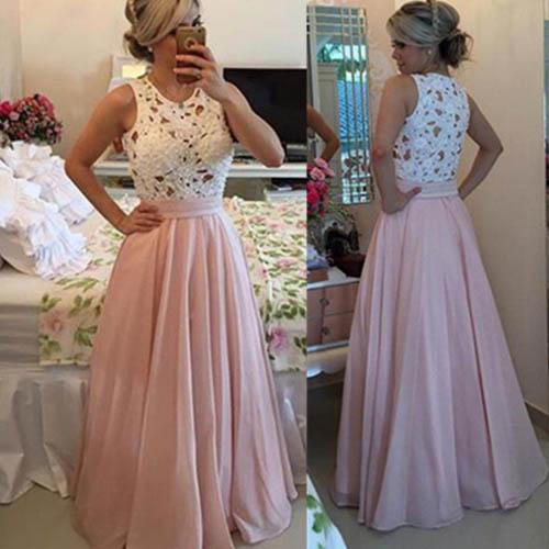 Pink A-line Floor-length Chiffon High Neck Long Prom Dresses Party Dress MP260|musebridals.com