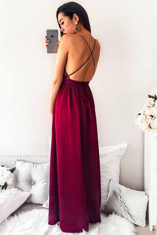 Dark Red Pleated Spaghetti Straps Prom Dress with Sequins, Party Dress, MP185 at musebridals.com