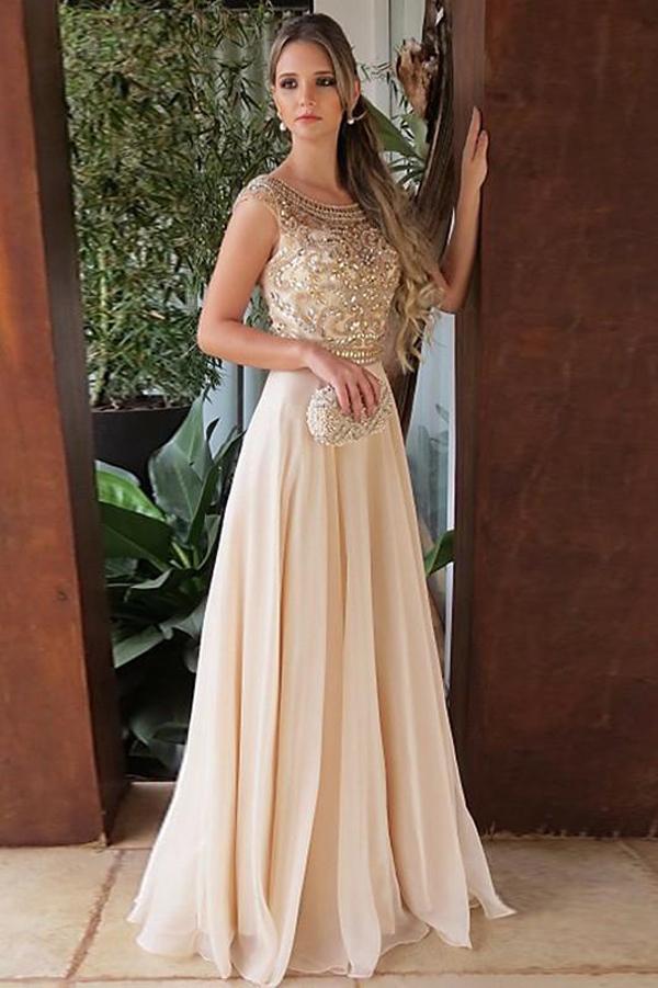 Elegant Chiffon A Line Cap Sleeves Round Neck Long Prom Dress with Beading, MP195