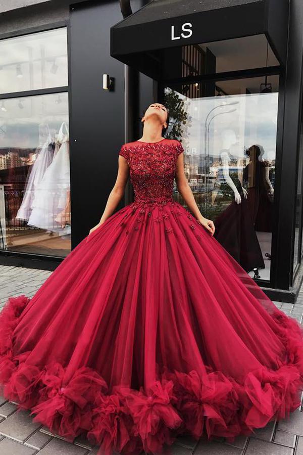Red Tulle Ball Gown Quinceanera Dresses, Prom Dress With Appliques, MP366