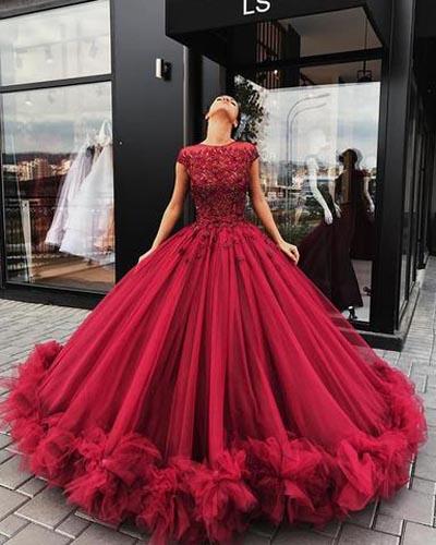 Red Tulle Ball Gown Quinceanera Dresses, Prom Dress With Appliques, MP366|musebridals.com