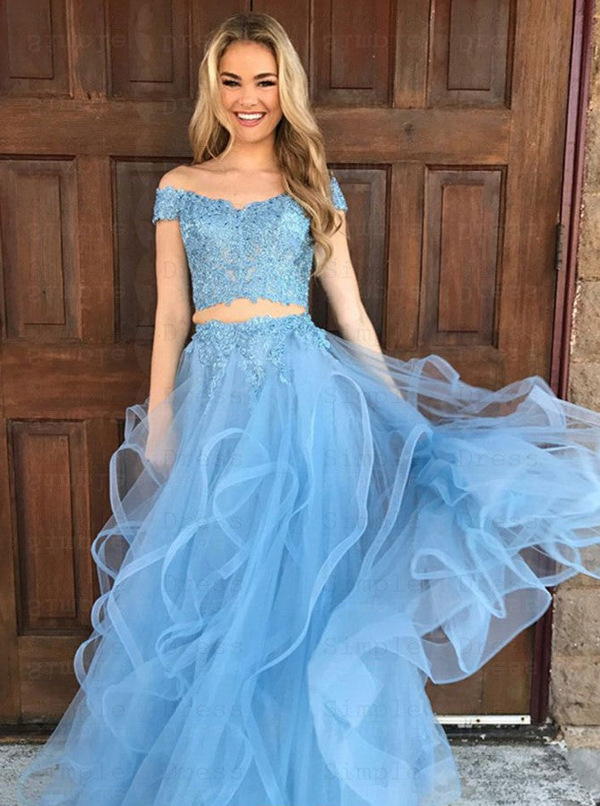 Sky Blue Tulle Two Piece Off-the-Shoulder Prom Dresses with Appliques, MP627 | Sky blue prom dresses | two piece prom dresses | formal dresses | evening dresses | tulle prom dresses | prom dresses near me | prom dresses online | prom dresses for teens | prom dresses cheap | party dresses | prom gowns | Musebridals