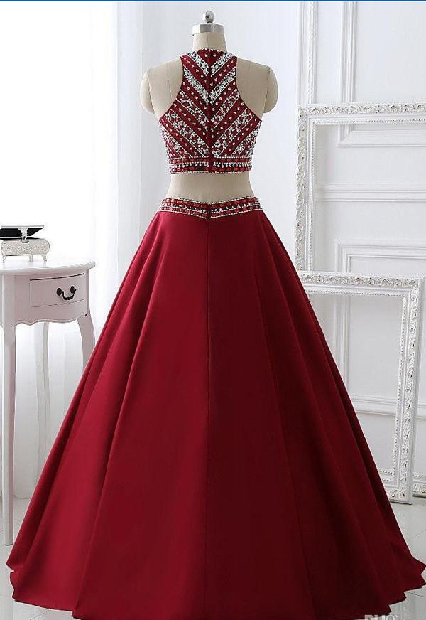 Burgundy Satin A-line Beaded Two Pieces Long Prom Dress Evening Dresses, MP155 at musebridals.com