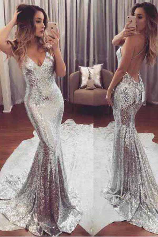 Sequin Lace V-neck Silver Long Mermaid Evening Dress