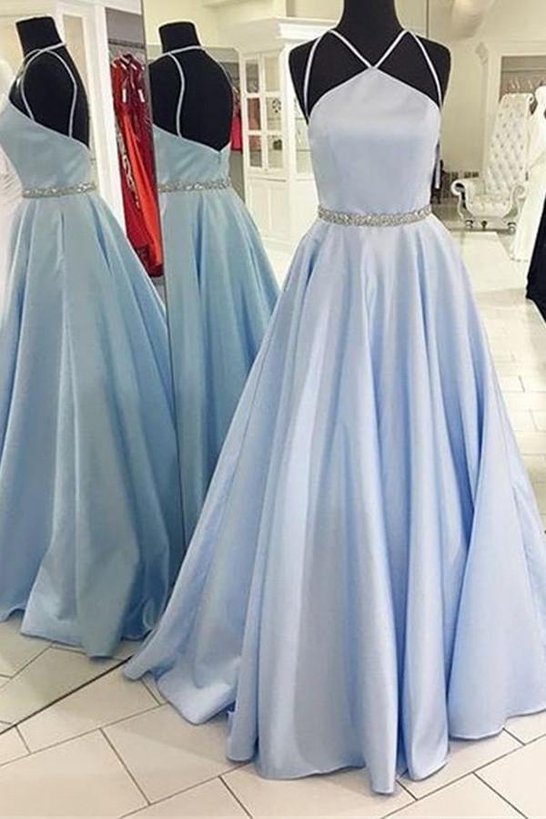 Charming Blue A-line Floor Length Halter Backless Evening Dresses, Prom ...