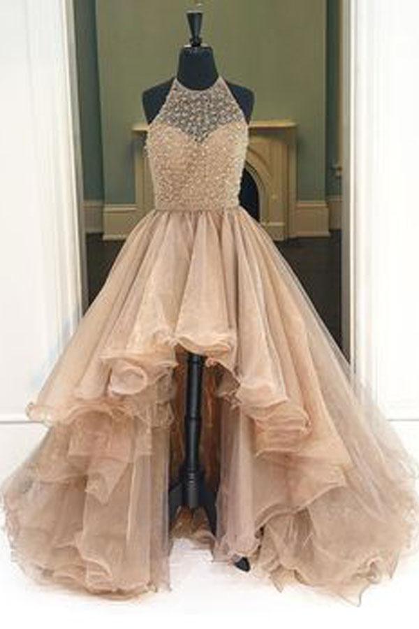 Organza Halter Tulle High Low Cheap Evening Dress, Long Prom Dresses with Beading, MP314
