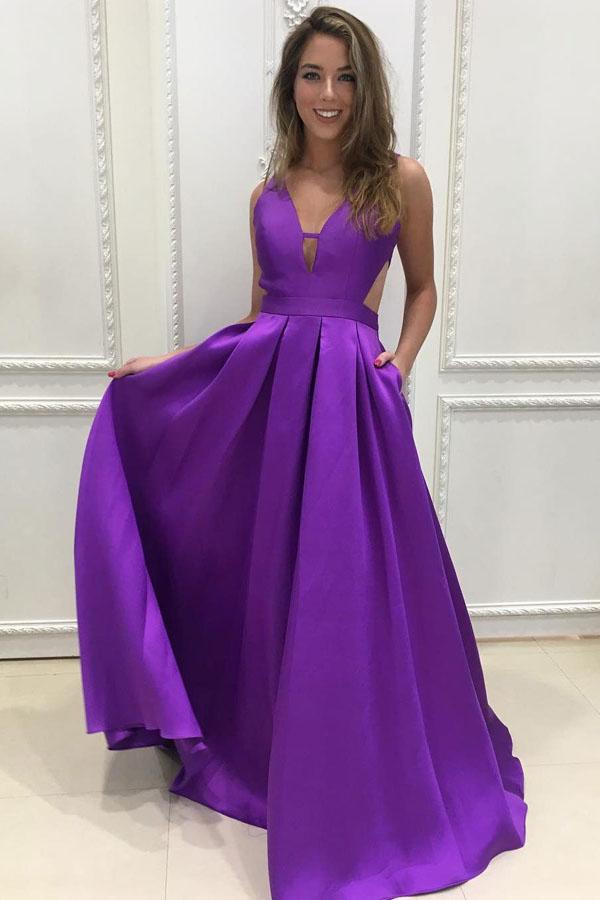 Simple Purple Satin A-line V-neck Long Prom Dresses, Bridesmaid Dress, MP374