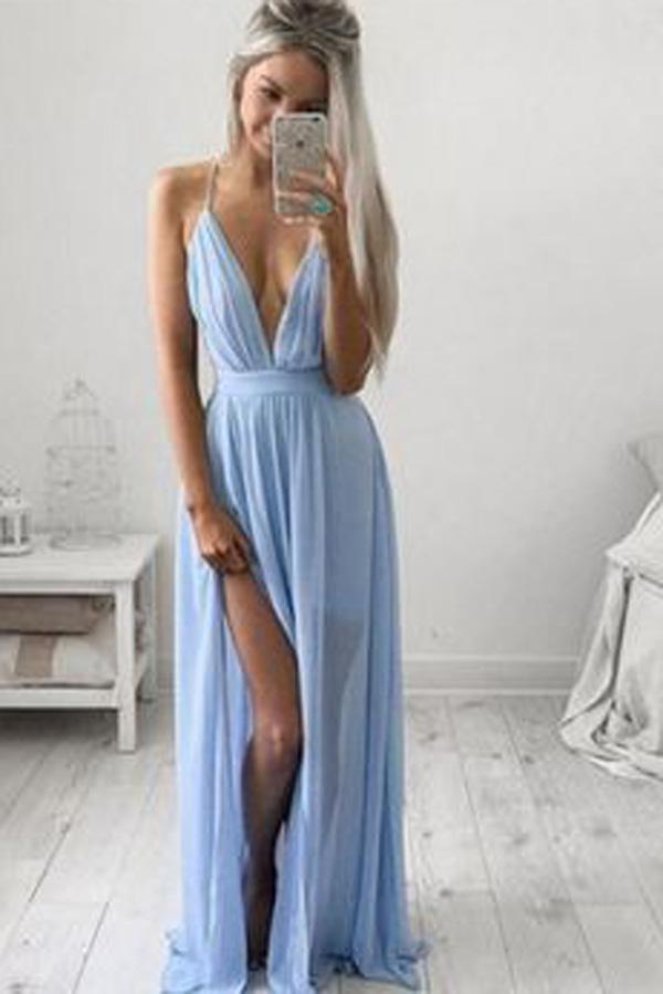 Blue Chiffon Casual Spaghetti Straps Long Prom Dress with Side Slit, MP388
