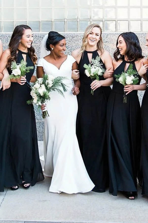 Halter Custom Chiffon Long Black Bridesmaid Dresses,MBD105 – Musebridals