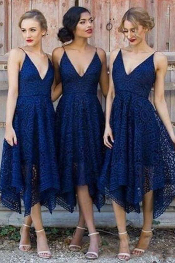 Cheap Navy V-neck Short Lace A-line Bridesmaid Dresses Online,MBD114 – Musebridals