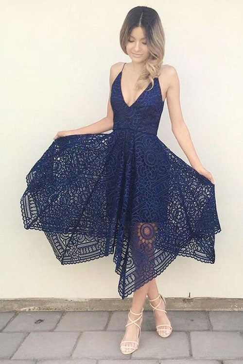 Cheap Navy V-neck Short Lace A-line Bridesmaid Dresses Online,MBD114 – Musebridals