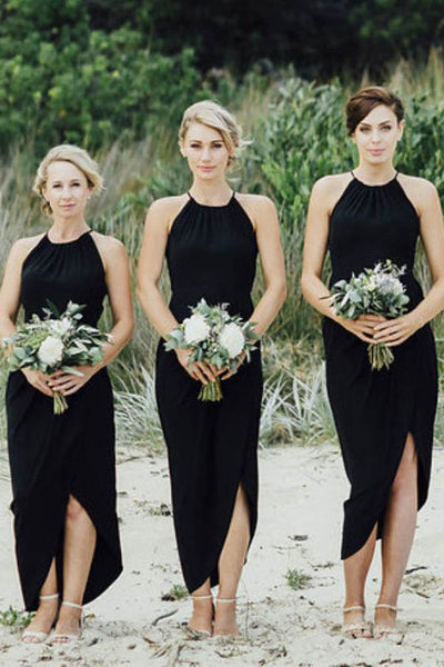 Simple Black Side Slit Short Bridesmaid Dresses, Cheap Unique Sequin Long Bridesmaid Gown,MBD115