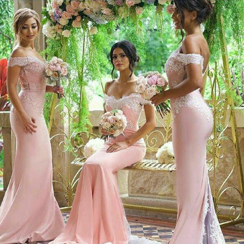 Beautiful Mermaid Pink Off Shoulder Lace Long Bridesmaid Dresses for Wedding Party,MBD116 | musebridals.com