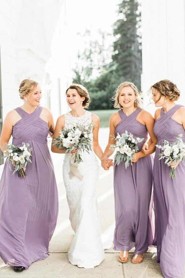 Chiffon A-Line Floor-Length Lilac Pleated Cheap Bridesmaid Dress,MBD117