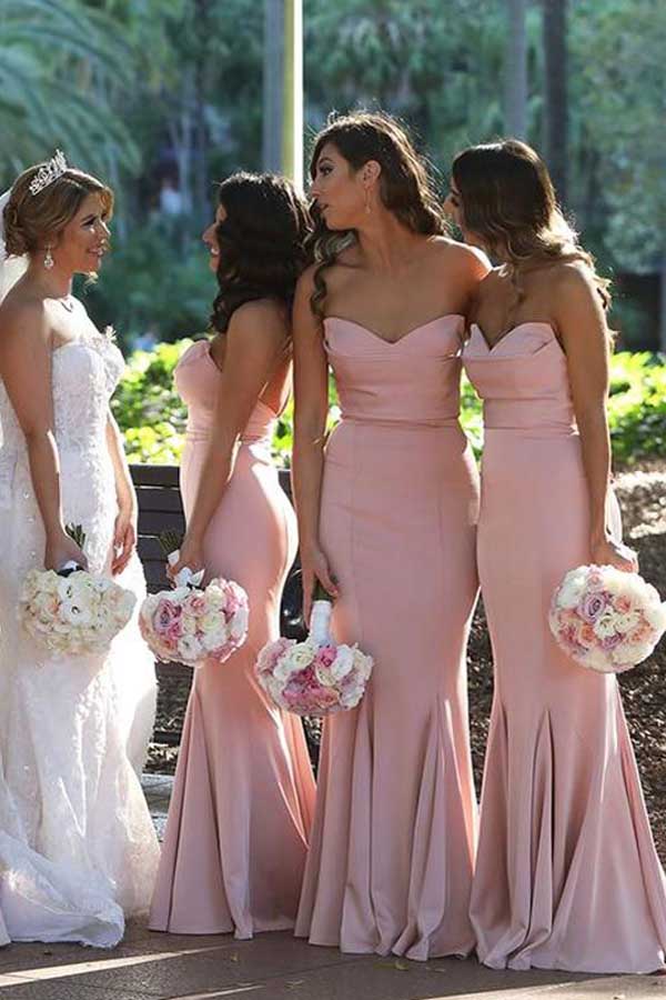 Elegant Mermaid Sweetheart Blush Pink Satin Long Bridesmaid Dresses,MBD126
