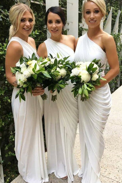 Elegant Sheath One Shoulder White Elastic Satin Ruffled Long Bridesmaid  Dresses Under 100,MBD131