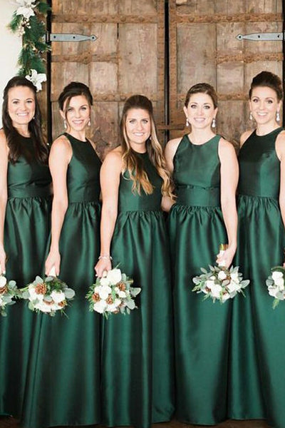 A-line Round Neck Green Satin Long Bridesmaid Dresses with Pockets,Simple Long Prom Dresses,MBD132