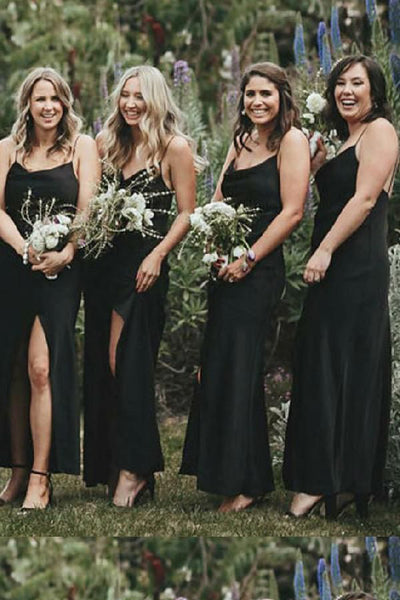 Cheap Black Mermaid Side Slit Spaghetti Straps Long Bridesmaid Dresses   Musebridals
