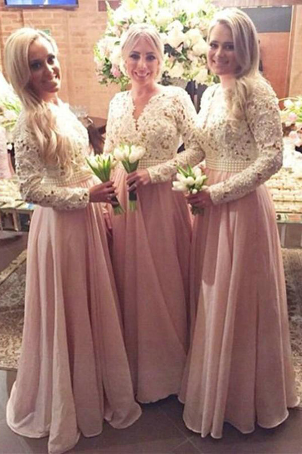 Elegant A-line V-neck Long Sleeves White Lace Long Bridesmaid Dresses with Pearls,Blush Bridesmaid Grown,MBD137