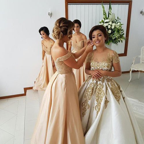 Elegant A -line Off the Shoulder Lace Long Bridesmaid Dresses with Beading,MBD138 | musebridals.com