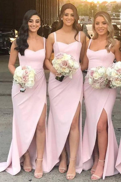 Elegant Satin Mermaid Sweetheart Split Pink Long Bridesmaid Dresse,MBD140