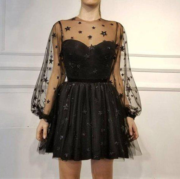 Unique Long Sleeve Short Sheer Neck Stars Mini Homecoming Dress, MH428 Musebridals Unique Long Sleeve Short Sheer Neck Stars Mini Homecoming Dress, MH428 Musebridals
