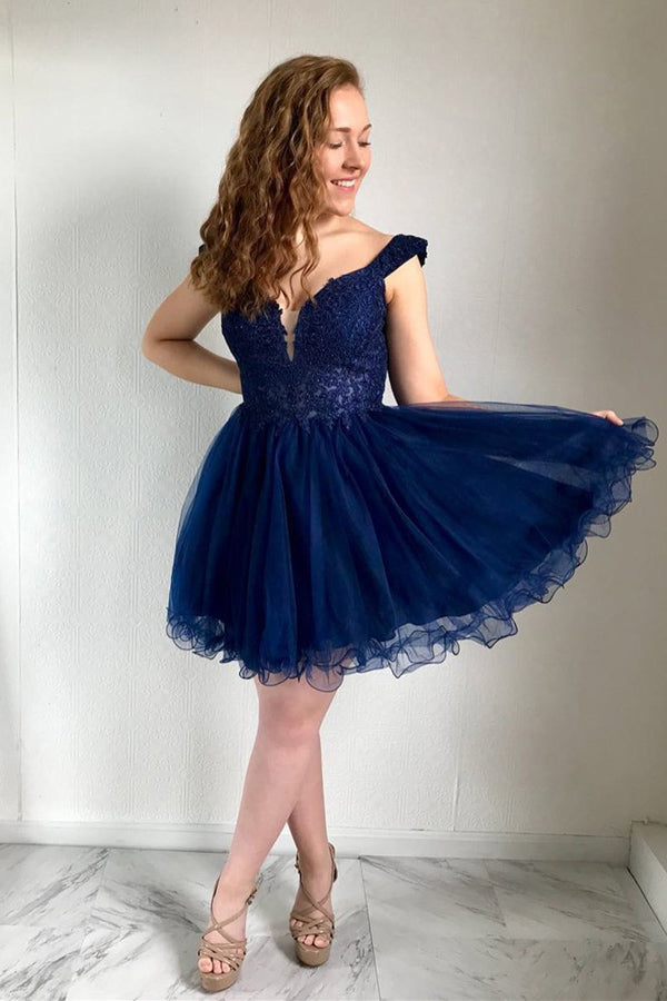 Cheap A-Line Navy Blue Lace V-Neck Homecoming Dresses , MH429|musebridals.com