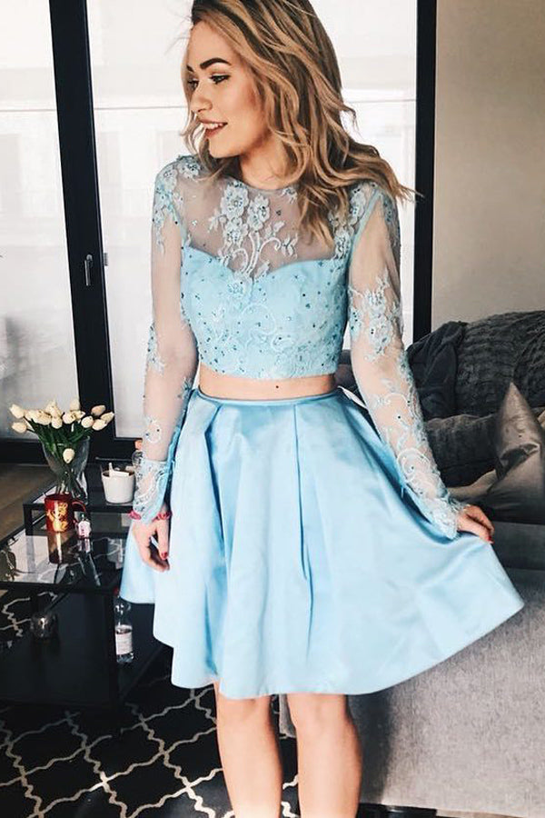 Sky Blue Long Sleeve See Through Two Piece Homecoming Dresses, MH430|musebridals.com