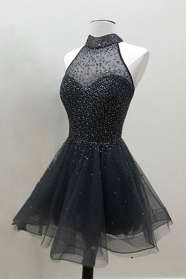 Musebridals.com offer A Line Black Beaded High Neck Organza Sweet Homecoming Dresses, MH431