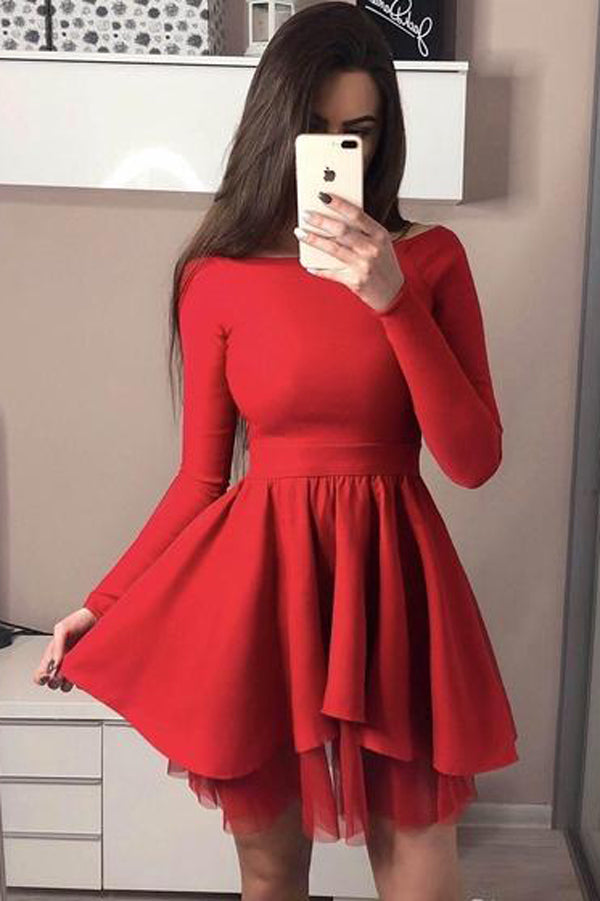 Musebridals.com offer Mini Short Red Prom Dress Long Sleeve Black Homecoming Dresses , MH432