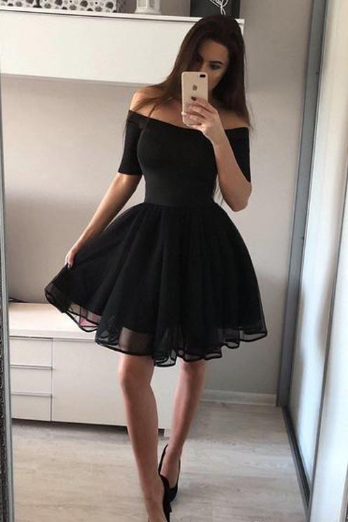 Musebridals.com offer Off the Shoulder Black A-Line Homecoming Dresses Chic Little Black Dress,MH433