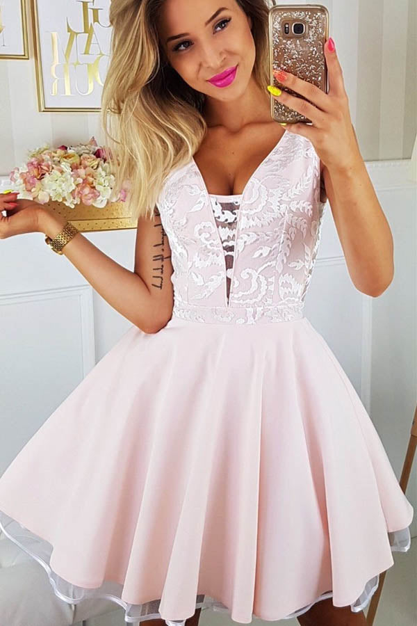 Appliqued Pink Lace Mini V-Neck Short Hoco Homecoming Dresses,MH436|musebridals.com