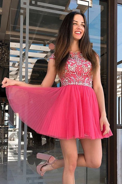 Cheap A-Line Crease Dress Straps Beads Short Homecoming Dresses,MH438|musebridals.com