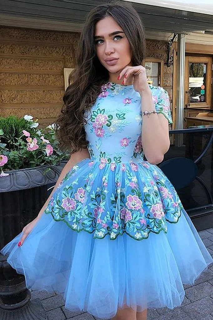 Cute Blue Floral Prints Tulle Short Sleeves A-Line Homecoming Dresses,MH442|musebridals.com