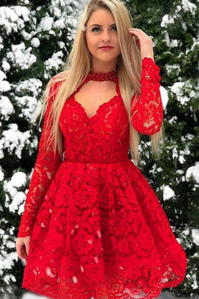 Cheap Lace Red Chic Long-Sleeves A-Line Homecoming Dresses,MH444 Musebridals Cheap Lace Red Chic Long-Sleeves A-Line Homecoming Dresses,MH444 Musebridals