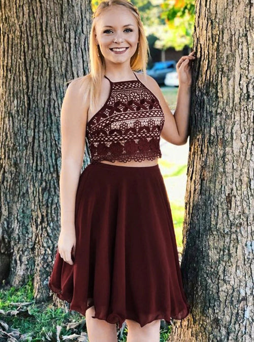 Musebridals.com offer Burgundy Two Pieces A-Line Spaghetti Straps Sleeveless Homecoming Dresses, MH449