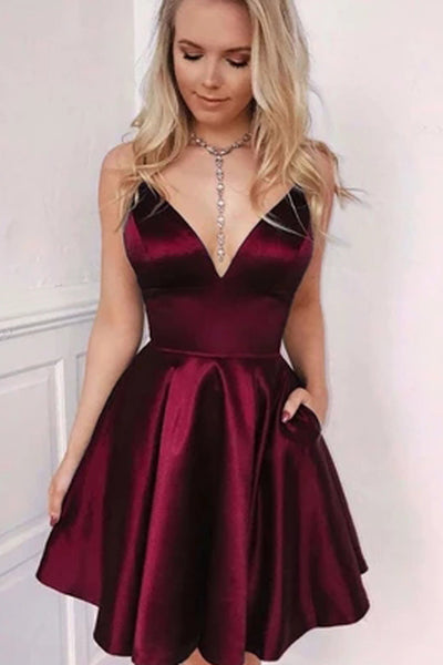 A-line V-neck Burgundy Satin Short Homecoming Dress with Pockets, MH454|musebridals.com