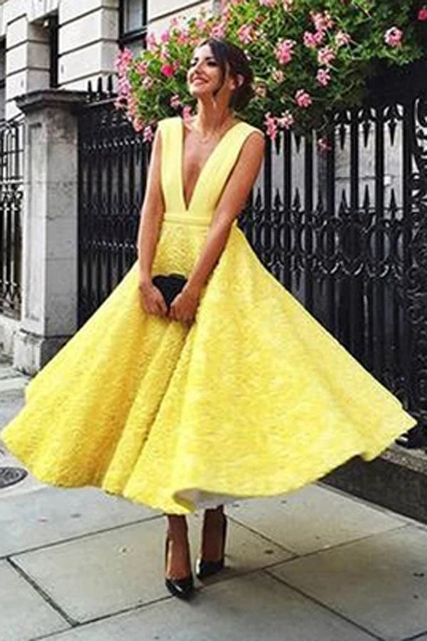 Deep V-neck Homecoming Dress Cute Yellow Tea Length Lace Prom Dress, MH456|musebridals.com