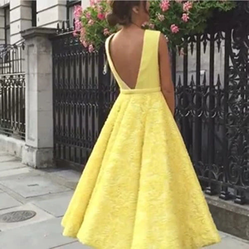 Musebridals.com offer Deep V-neck Homecoming Dress Cute Yellow Tea Length Lace Prom Dress, MH456