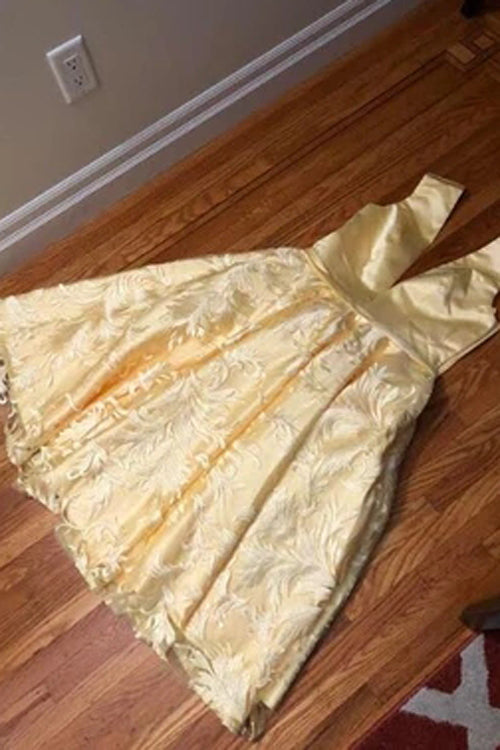 Deep V-neck Homecoming Dress Cute Yellow Tea Length Lace Prom Dress, MH456